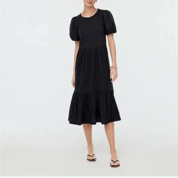 Womene J Crew Black Eyelet Sleeve Tiered Jersey Knit Midi Dress Size S - Picture 1 of 10